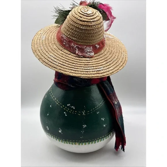 Large Gourd Christmas Snowman Hand Painted Folk Art Signed 16" - Picture 5 of 10